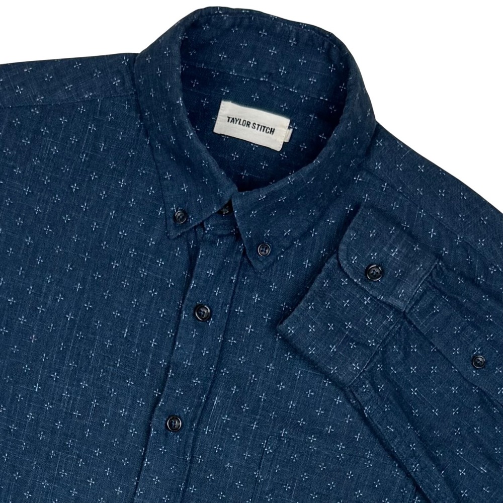 Taylor Stitch Geometric Cross Print Button Down Shirt Mens 40 Blue Smart Casual
